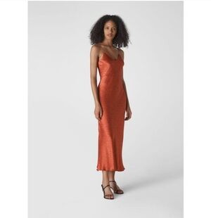 Whistles Rust Polka Dot Satin Bias-Cut Slip Midi Dress US 6
